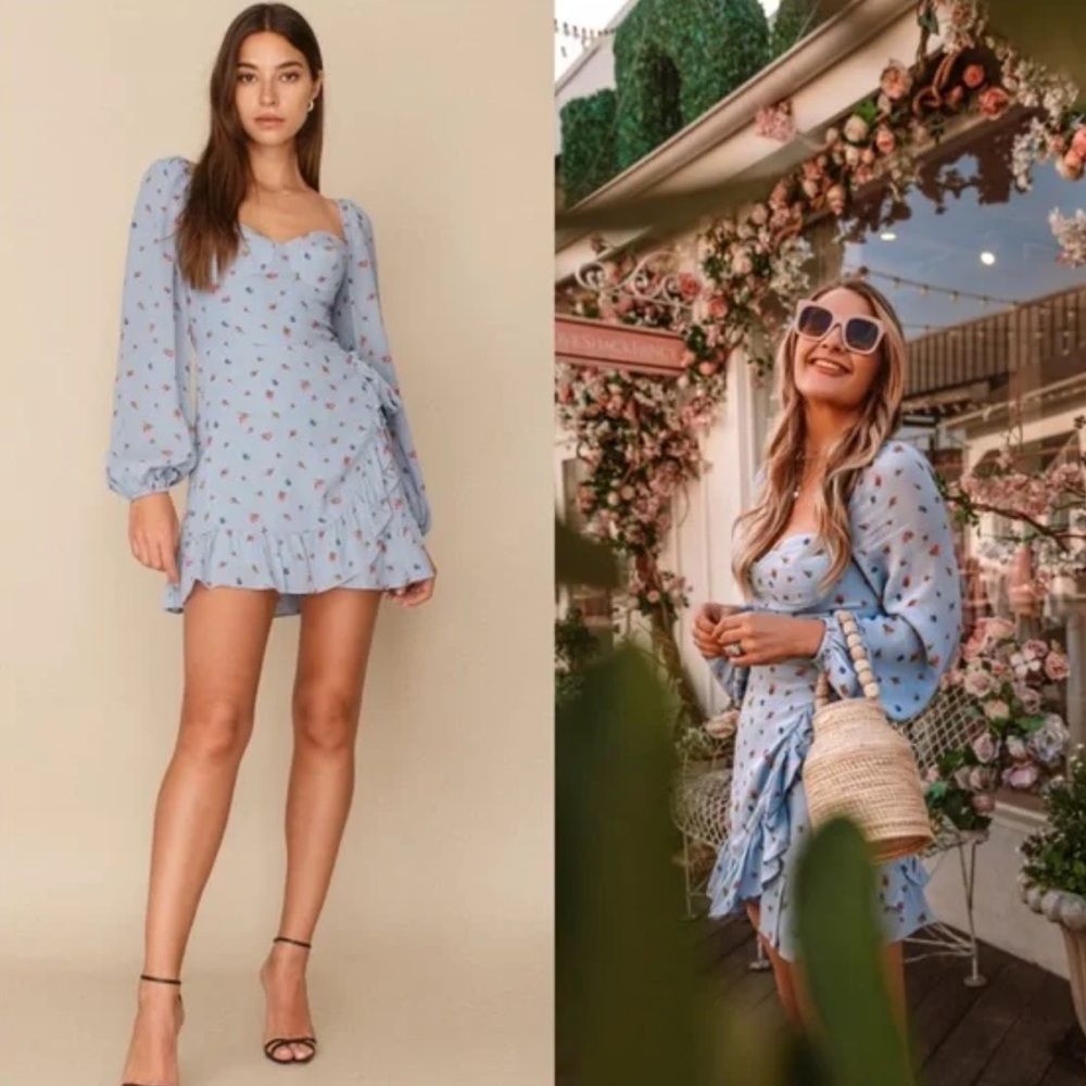 Reformation Light Blue Floral Long Sleeve Mini Dress